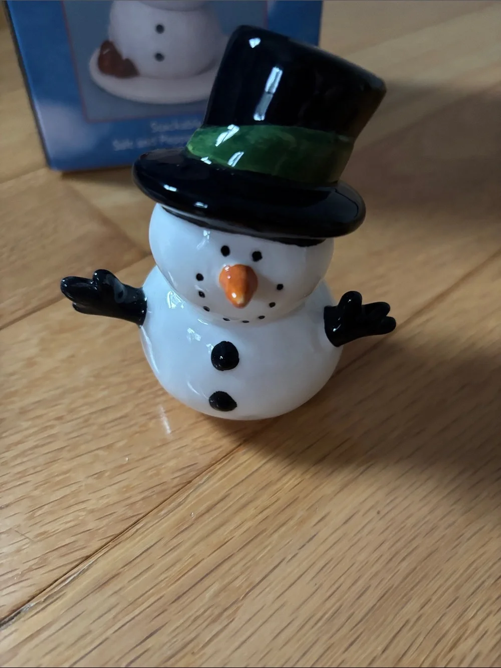 Ceramic Snowman Figurine with Black Top Hat and Green Band